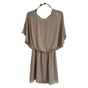 Lost April Taupe Braided Cowl Back Blouson Mini Dress Batwing Sleeve Brown M
